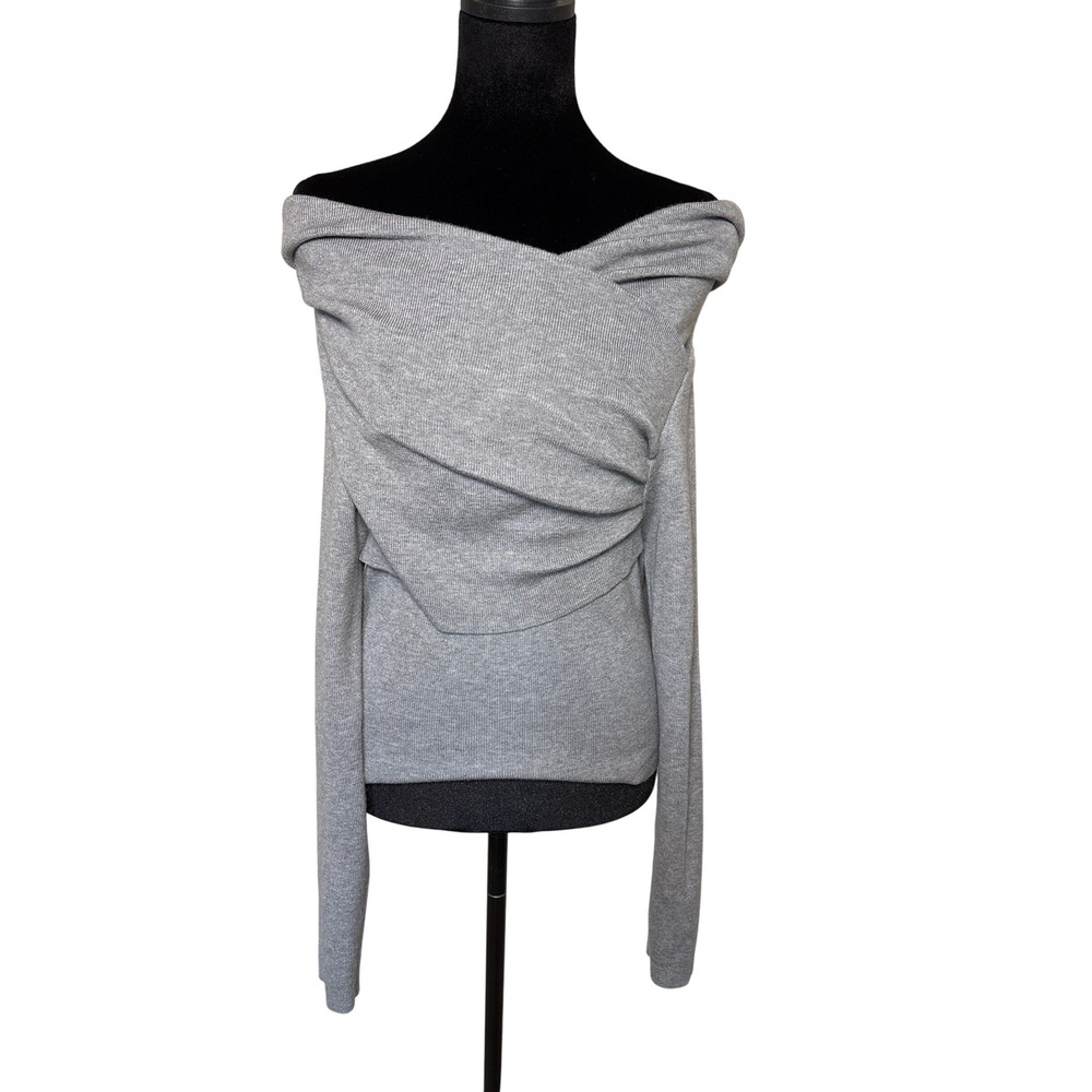 Commense Grey Off The Shoulder Draped Wrap Knit‎ Top Long Sleeve Large NWT - Picture 2 of 7
